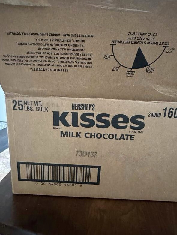 Hershey's Kisses 25 pound bulk box on kitchen counter